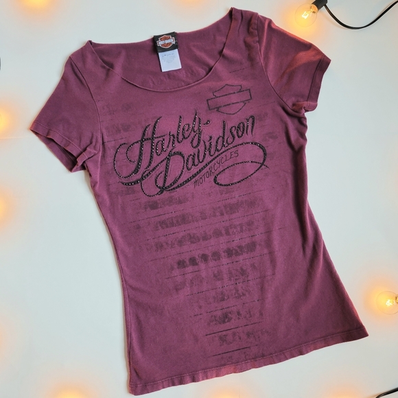 Harley Davidson Wide Cut Neck Magenta Tee - Picture 1 of 5